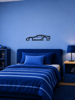 Tableau métal Corvette C7 sur fond bleu dans une chambre
